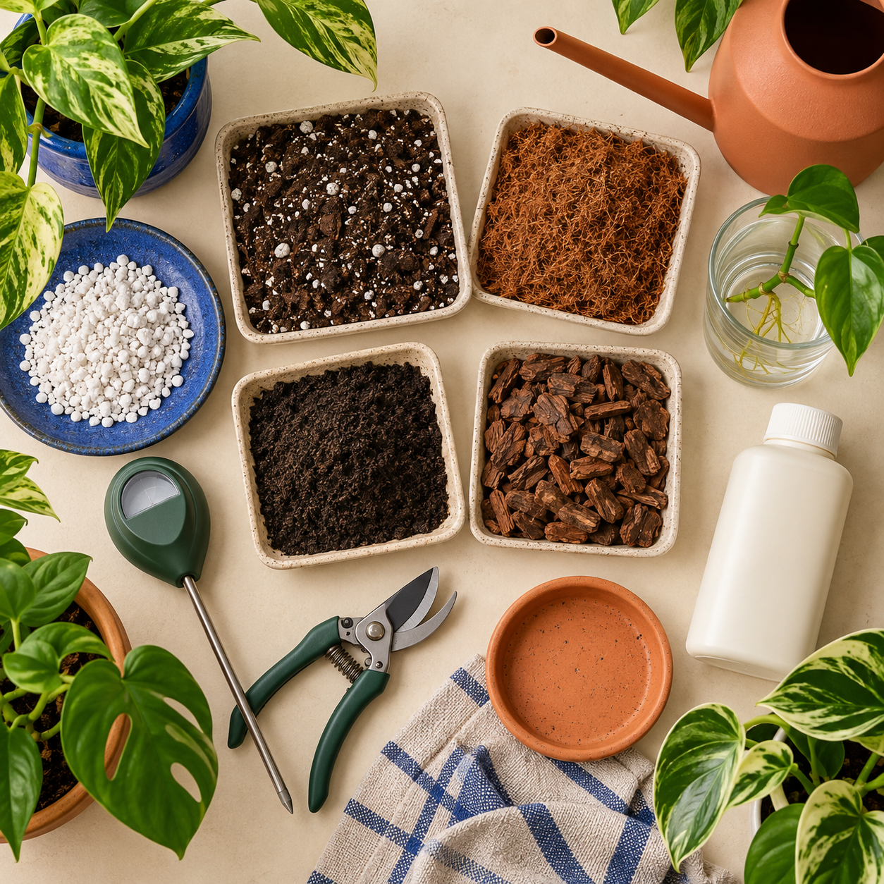 Potting mix, coir, perlite, bark, moisture meter, watering can, pruners, and propagation cutting
